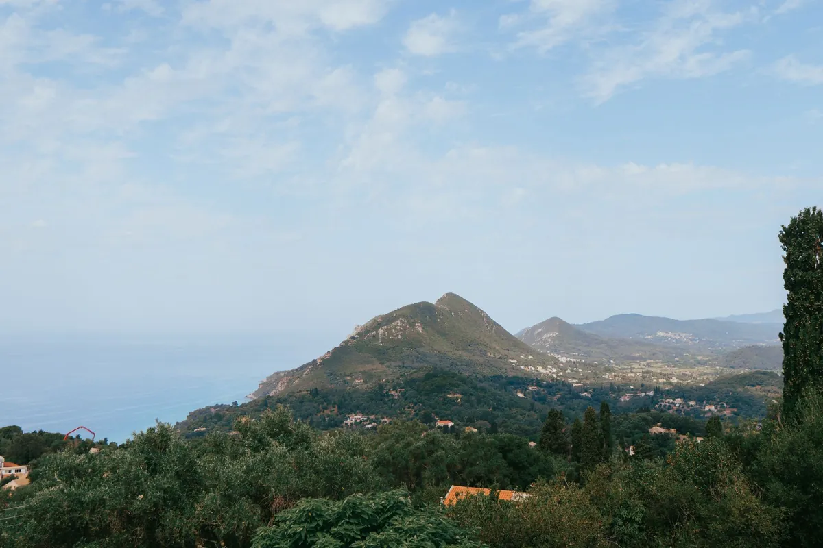 Green hills and olive groves around Pelekas in central-west Corfu