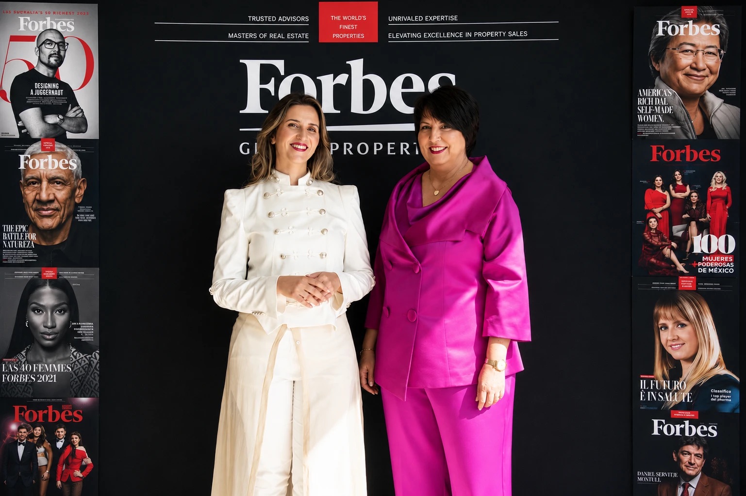 Η διοίκηση της Roula Rouva | Forbes Global Properties μπροστά στο σήμα της Forbes Global Properties